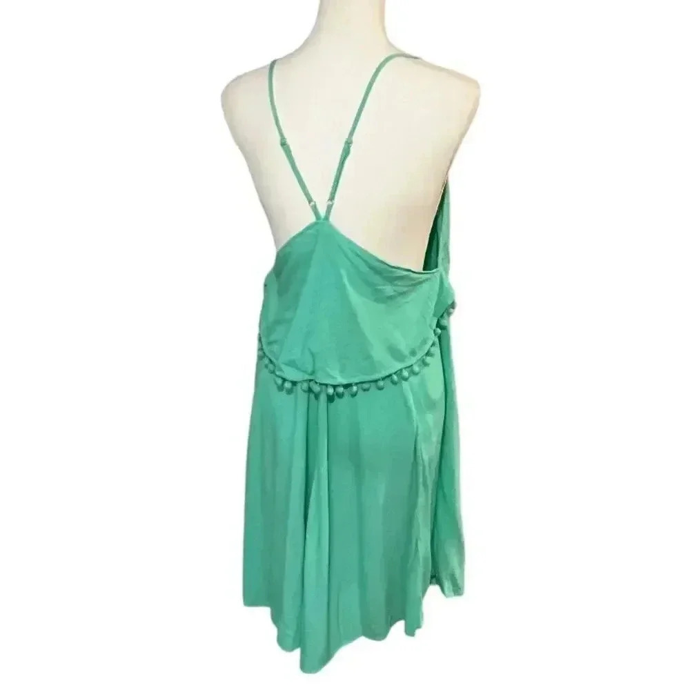 Loveriche size L NWT aqua green tank dress w/spaghetti straps and Pom-Pom trim - Picture 3 of 10